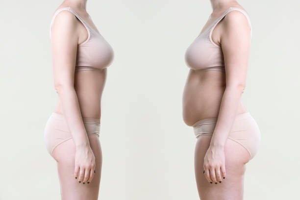Woman's body before and after weight loss, healthy lifestyle concept