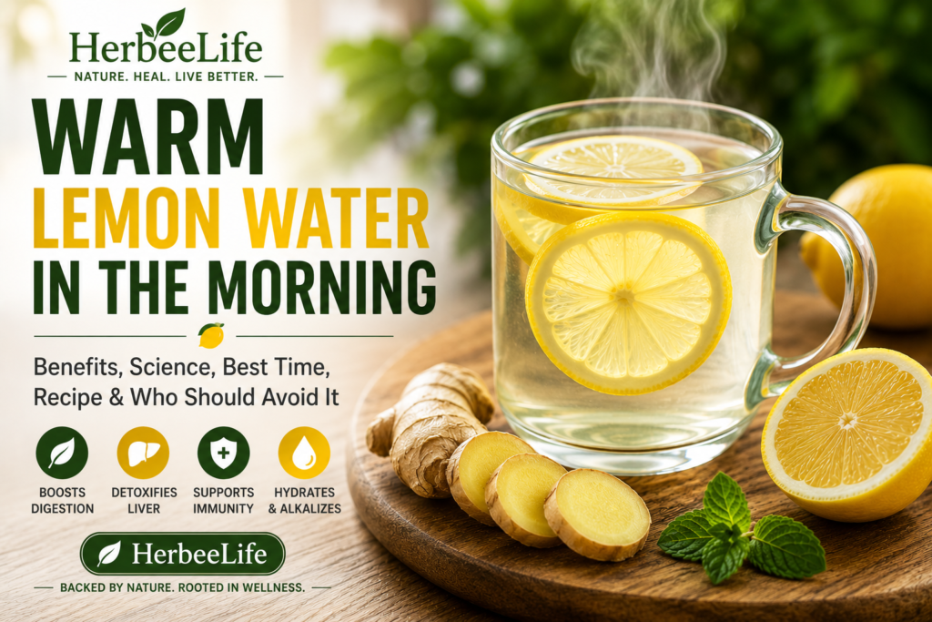 Warm lemon water benefits with fresh lemon and ginger